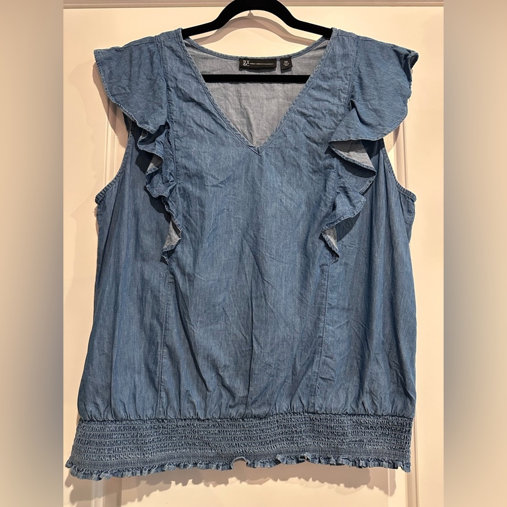 New York & Company Chambray Ruffled Smocked Blouse